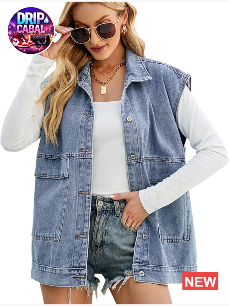 Oversized Denim Vest With Pockets Sleeveless Mid Long Jacket